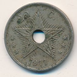 Бельгийское Конго 20 сантимов 1911 год