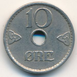 Норвегия 10 эре 1941 год - Король Хокон VII (c отверстием)