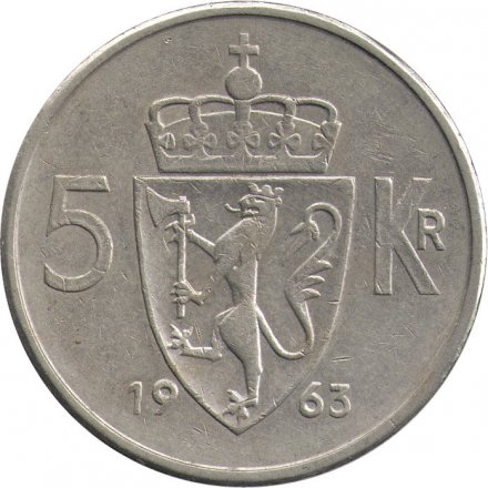 Норвегия 5 крон 1963 год - Король Улаф V