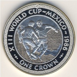Монета Остров Мэн 1 крона 1986 год - Чемпионат мира по футболу 1986, Мексика (отбор мяча, 2 игрока, серебро)