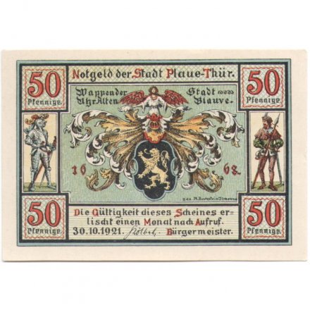 Германия (Нотгельд) 50 пфеннигов 1921 - Plaue-Thur - aUNC