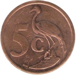 Монета ЮАР 5 центов 2010 год - Африканская красавка (райский журавль)