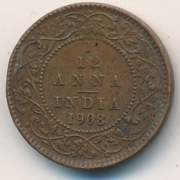 Британская Индия 1/12 анны 1908 год