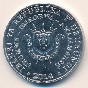 Бурунди 5 франков 2014 год - Кафрский рогатый ворон
