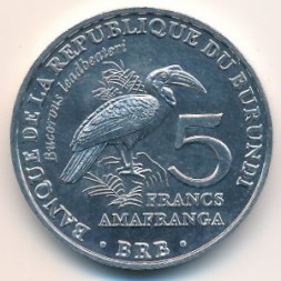 Монета Бурунди 5 франков 2014 год - Кафрский рогатый ворон