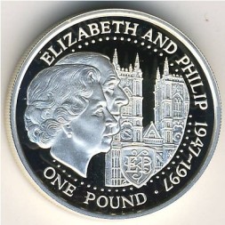 Гернси 1 фунт 1997 год - Золотой юбилей свадьбы Королевы Елизаветы II и Филиппа