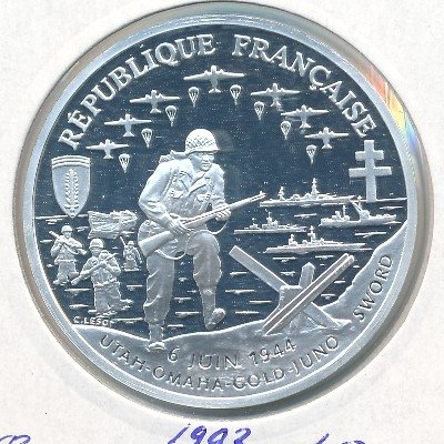 Франция 1 франк 1993 год - Высадка союзных войск в Нормандии 16 июня 1944 года (D-Day)