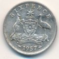 Австралия 6 пенсов 1957 год - Герб. Кенгуру и страус