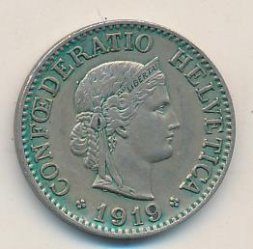 Швейцария 10 раппенов 1919 год (медь-никель)