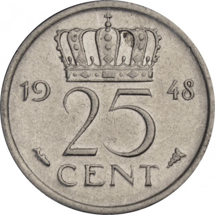 Нидерланды 25 центов 1948 год - Королева Вильгельмина