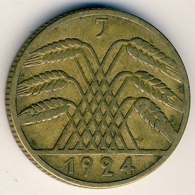 Веймарская республика 10 рейхспфеннигов 1924 год (J)