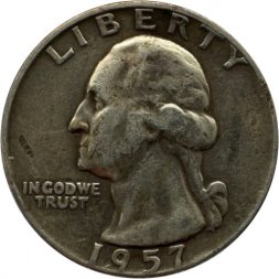 США 25 центов (1/4 доллара) 1957 год - Джордж Вашингтон (без отметки МД)
