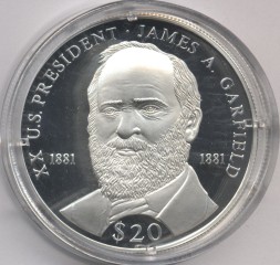 Монета Либерия 20 долларов 2000 год - Джеймс Гарфилд