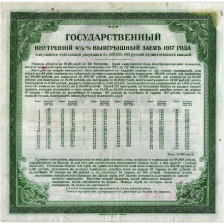 Билет государственного внутреннего 4 1/2 % выигрышного займа 200 рублей 1917 год - 1 разряд - VF+