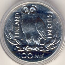 Финляндия 100 марок 1990 год - 350-летие университета Хельсинки. Сова. Арфа