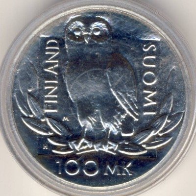 Финляндия 100 марок 1990 год - 350-летие университета Хельсинки. Сова. Арфа