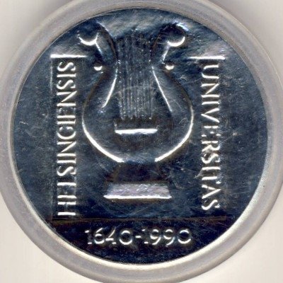 Финляндия 100 марок 1990 год - 350-летие университета Хельсинки. Сова. Арфа