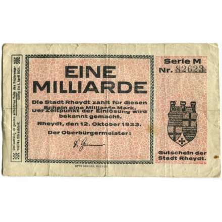 Германия (нотгельд) 1 миллиард марок 1923 год - Райдт (Rheydt) VF