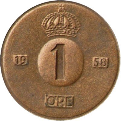 Швеция 1 эре 1958 год - Король Густав VI Адольф