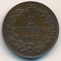 Монета Италия 2 чентезимо 1867 год