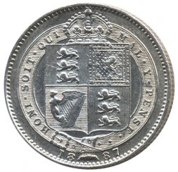 Великобритания 6 пенсов 1887 год - Королева Виктория (герб на реверсе)