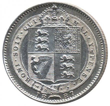 Великобритания 6 пенсов 1887 год - Королева Виктория (герб на реверсе)