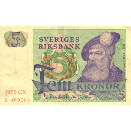 Швеция 5 крон 1979 год - Король Густав I. Стилизованные глухарь и ель - VF