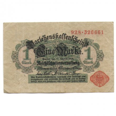 Германия 1 марка 1914 год - красная печать - VF