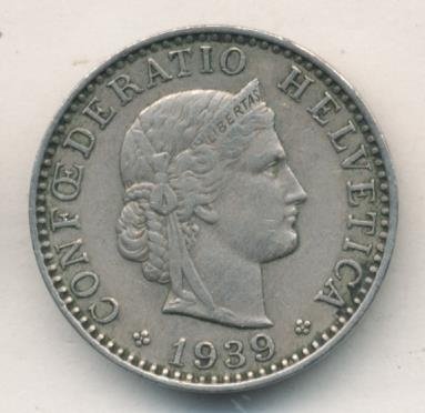 Швейцария 20 раппенов 1939 год