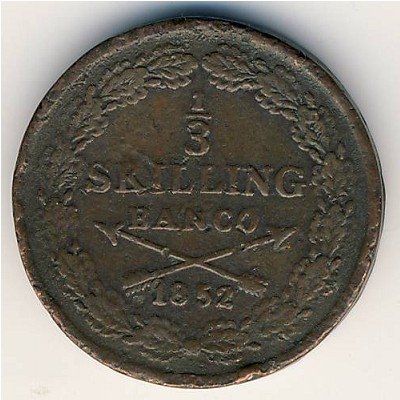 Швеция 1/3 скиллинга 1852 год