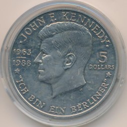 Монета Ниуэ 5 долларов 1988 год - 25 лет со дня смерти Джона Кеннеди