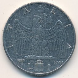 Италия 1 лира 1939 год (не магнетик, 1939 - XVII)