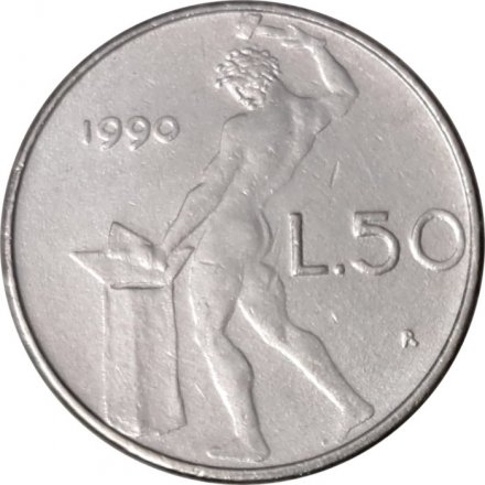 Италия 50 лир 1990 год (без ромба над подписью гравера)