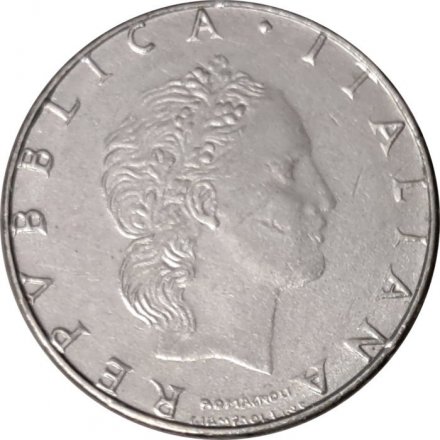 Италия 50 лир 1990 год (без ромба над подписью гравера)