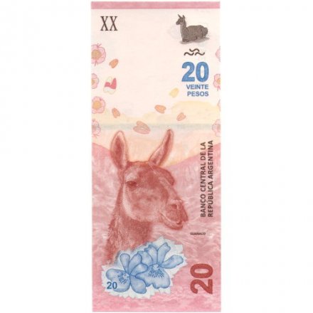 Аргентина 20 песо 2017 (2020) год - Гуанако. Пейзаж - (подписи Sandleris - Michetti) - UNC