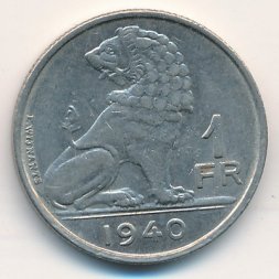 Бельгия 1 франк 1940 год BELGIE - BELGIQUE