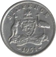 Австралия 6 пенсов 1951 год - Без отметки МД