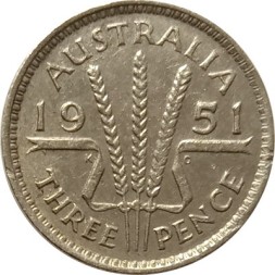 Австралия 3 пенса 1951 год (без отметки монетного двора)