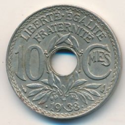 Франция 10 сантимов  1938 год (точки вокруг даты)