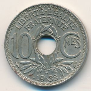 Франция 10 сантимов  1938 год (точки вокруг даты)