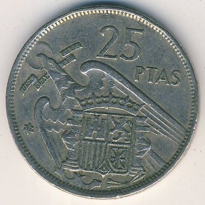 Испания 25 песет 1957 год - Франсиско Франко (72 внутри звезды)