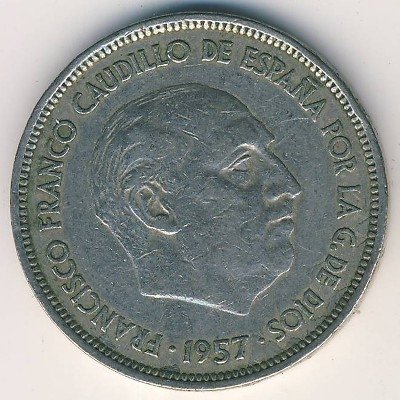 Испания 25 песет 1957 год - Франсиско Франко (72 внутри звезды)