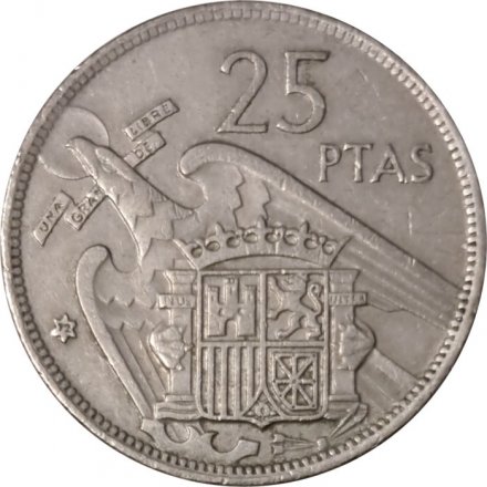 Испания 25 песет 1957 год - Франсиско Франко (72 внутри звезды)