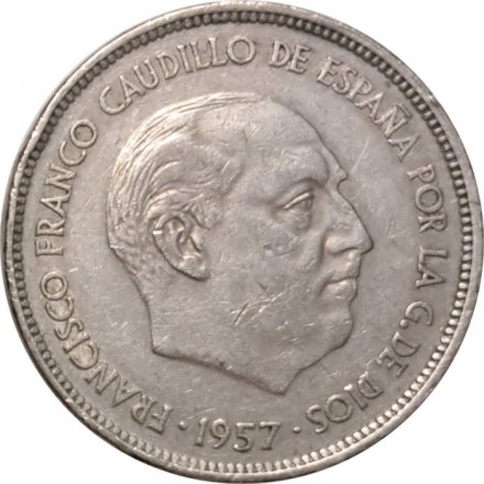 Испания 25 песет 1957 год - Франсиско Франко (72 внутри звезды)