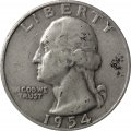 США 25 центов (1/4 доллара) 1954 год (Отметка монетного двора: &quot;D&quot; - Денвер)