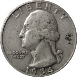 США 25 центов (1/4 доллара) 1954 год (Отметка монетного двора: "D" - Денвер)