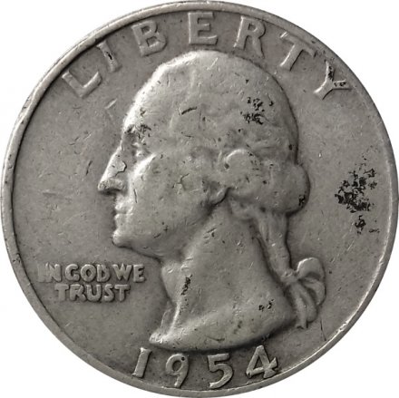 США 25 центов (1/4 доллара) 1954 год (Отметка монетного двора: &quot;D&quot; - Денвер)