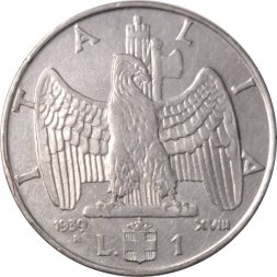 Италия 1 лира 1939 год (не магнетик, 1939 - XVIII)