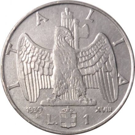 Италия 1 лира 1939 год (не магнетик, 1939 - XVIII)
