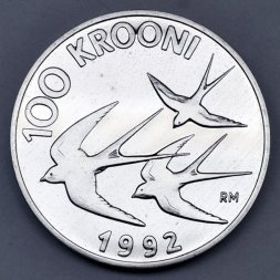 Эстония 100 крон 1992 год - Ласточки. Денежная реформа